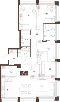 3-к квартира, строящийся дом, 148м2, 13/16 этаж