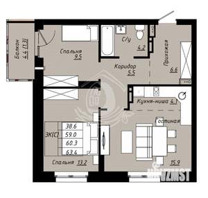 3-к квартира, вторичка, 63м2, 3/10 этаж