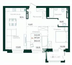 3-к квартира, строящийся дом, 68м2, 4/21 этаж