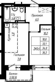 2-к квартира, строящийся дом, 34м2, 11/16 этаж