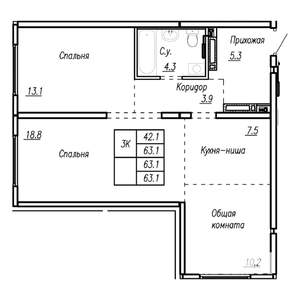 3-к квартира, строящийся дом, 63м2, 1/22 этаж