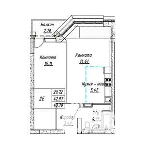 2-к квартира, строящийся дом, 44м2, 9/16 этаж