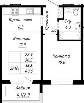 2-к квартира, строящийся дом, 39м2, 2/10 этаж