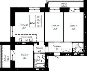 4-к квартира, строящийся дом, 85м2, 3/9 этаж