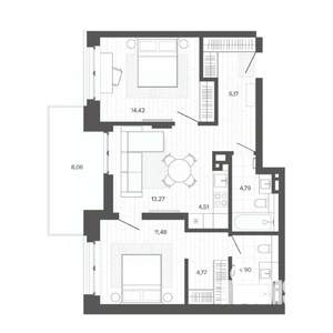 3-к квартира, строящийся дом, 72м2, 5/9 этаж