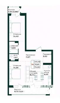 3-к квартира, строящийся дом, 75м2, 4/7 этаж