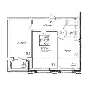 2-к квартира, строящийся дом, 63м2, 1/4 этаж