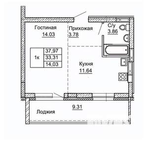 1-к квартира, строящийся дом, 38м2, 4/9 этаж