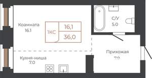 1-к квартира, строящийся дом, 36м2, 6/27 этаж