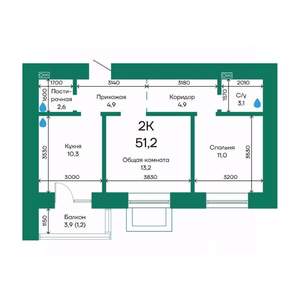 2-к квартира, строящийся дом, 51м2, 1/10 этаж