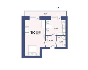 1-к квартира, вторичка, 50м2, 1/9 этаж