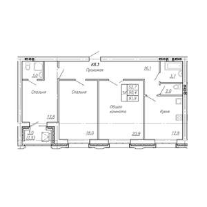 3-к квартира, строящийся дом, 92м2, 4/4 этаж