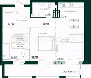 3-к квартира, вторичка, 75м2, 9/19 этаж
