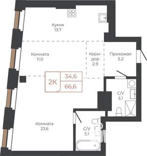 2-к квартира, строящийся дом, 66м2, 7/27 этаж