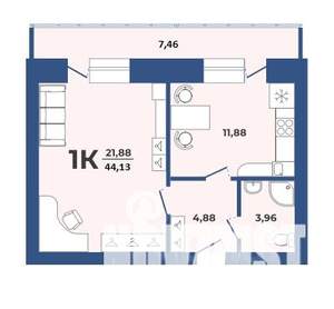 1-к квартира, строящийся дом, 44м2, 3/9 этаж