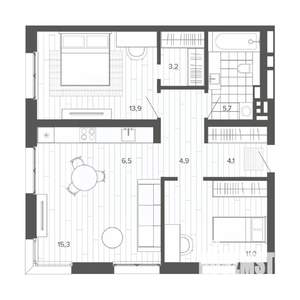 3-к квартира, строящийся дом, 65м2, 2/9 этаж