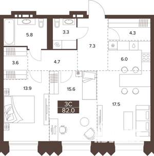 3-к квартира, строящийся дом, 82м2, 3/16 этаж