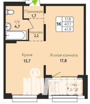 1-к квартира, вторичка, 42м2, 8/10 этаж