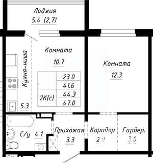 2-к квартира, строящийся дом, 44м2, 9/10 этаж