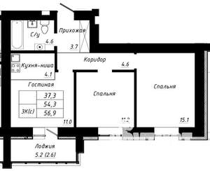 3-к квартира, строящийся дом, 57м2, 4/10 этаж