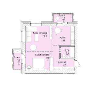 2-к квартира, строящийся дом, 54м2, 6/8 этаж