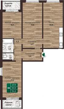 3-к квартира, строящийся дом, 95м2, 14/24 этаж