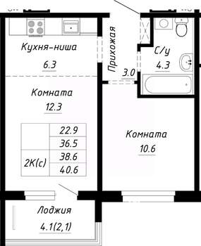 2-к квартира, строящийся дом, 39м2, 9/10 этаж