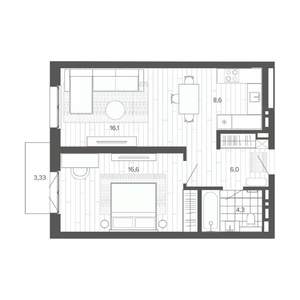 2-к квартира, строящийся дом, 55м2, 6/9 этаж