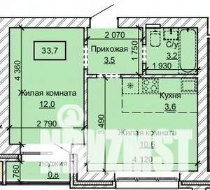 2-к квартира, строящийся дом, 34м2, 9/10 этаж