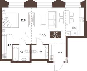 2-к квартира, строящийся дом, 61м2, 2/16 этаж