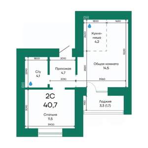 2-к квартира, строящийся дом, 41м2, 7/10 этаж