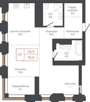 2-к квартира, строящийся дом, 76м2, 25/27 этаж