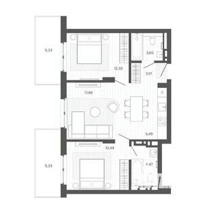 3-к квартира, строящийся дом, 70м2, 3/9 этаж