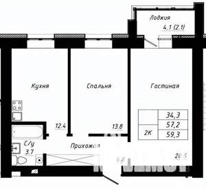 2-к квартира, строящийся дом, 59м2, 10/10 этаж