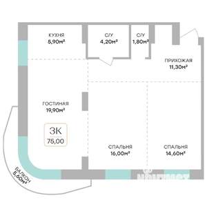 3-к квартира, строящийся дом, 74м2, 6/7 этаж
