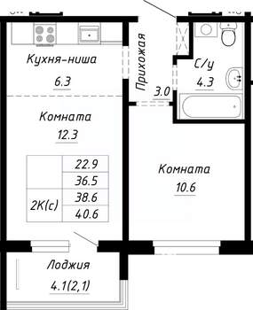 2-к квартира, строящийся дом, 39м2, 8/10 этаж