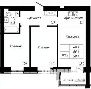 3-к квартира, строящийся дом, 58м2, 1/10 этаж