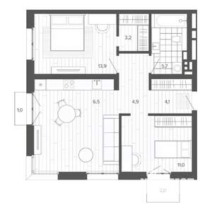 3-к квартира, строящийся дом, 68м2, 5/9 этаж
