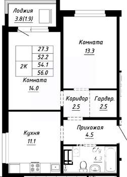 2-к квартира, строящийся дом, 54м2, 4/10 этаж