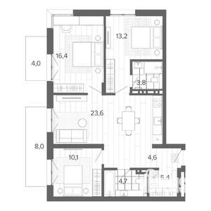 4-к квартира, строящийся дом, 94м2, 8/9 этаж