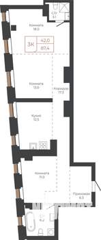3-к квартира, строящийся дом, 87м2, 17/27 этаж