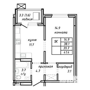 1-к квартира, строящийся дом, 40м2, 11/15 этаж