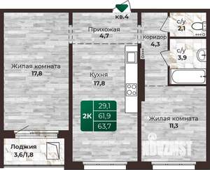 2-к квартира, строящийся дом, 64м2, 24/24 этаж