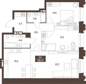 3-к квартира, строящийся дом, 97м2, 3/16 этаж