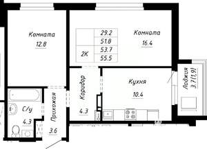 2-к квартира, строящийся дом, 54м2, 4/10 этаж