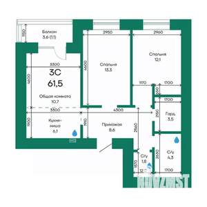 3-к квартира, строящийся дом, 62м2, 6/10 этаж