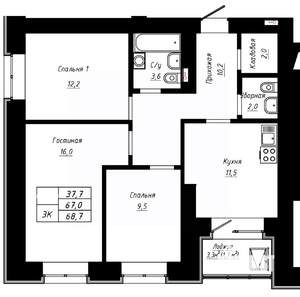 3-к квартира, строящийся дом, 69м2, 12/16 этаж