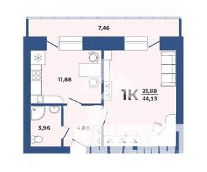 1-к квартира, вторичка, 44м2, 1/9 этаж