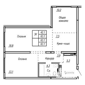 3-к квартира, строящийся дом, 63м2, 1/22 этаж