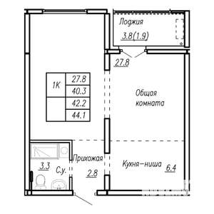 1-к квартира, строящийся дом, 42м2, 1/22 этаж